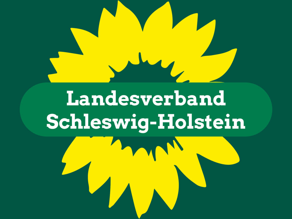Landesverband Schleswig-Holstein, weißer Text auf grünem Grund vor einer gelben Sonnenblume