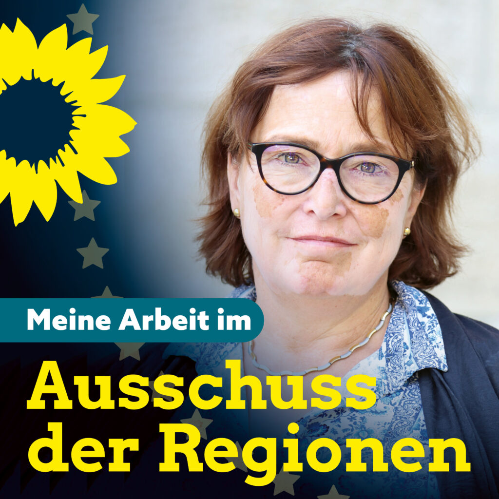 "Meine Arbeit im Ausschuss der Regionen", gelber Text auf einem Foto von Eka von Kalben, um sie herum eine dunkelblaue Vignette mit gelben EU-Sternen und der gelben Sonnenblume der Grünen.